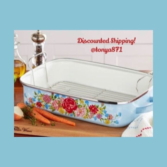 🦋 New Pioneer Woman Sweet Rose 16-Inch Enamel on Steel Roaster - Picture 2 of 4